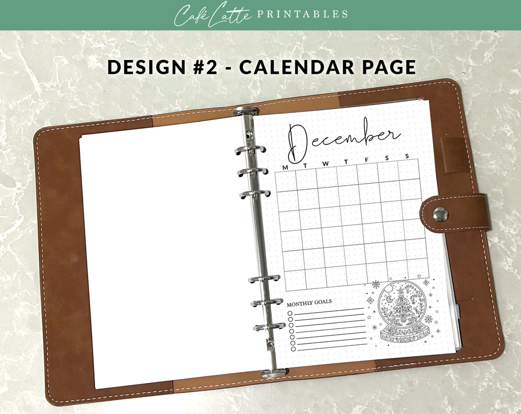 Bullet journal December cover title page, Bullet journal December calendar, December notes page, Printable journal December title page, Printable December Calendar with mandala snow globe with tree, December set, A4 and A5 printable template DIY