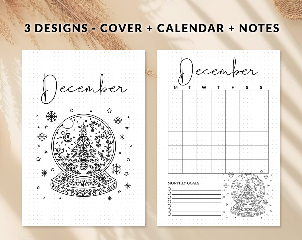 Bullet journal December cover title page, Bullet journal December calendar, December notes page, Printable journal December title page, Printable December Calendar with mandala snow globe with tree, December set, A4 and A5 printable template DIY