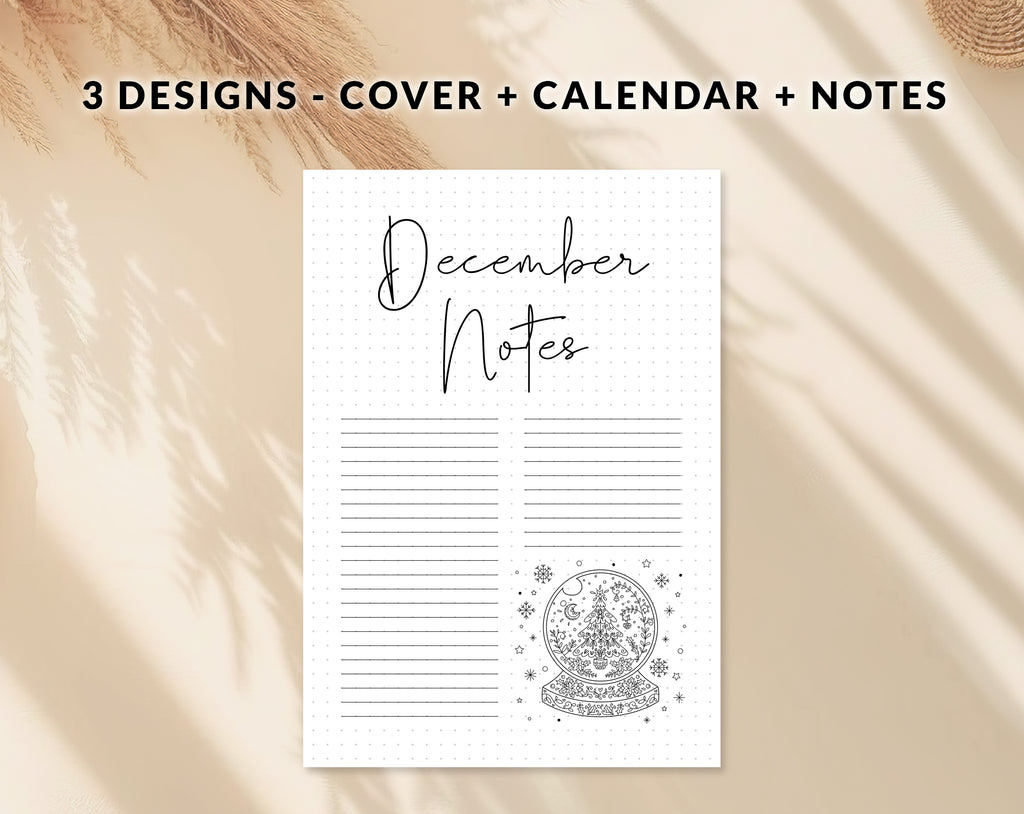 Bullet journal December cover title page, Bullet journal December calendar, December notes page, Printable journal December title page, Printable December Calendar with mandala snow globe with tree, December set, A4 and A5 printable template DIY