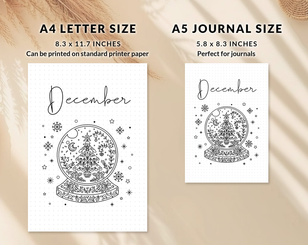Bullet journal December cover title page, Bullet journal December calendar, December notes page, Printable journal December title page, Printable December Calendar with mandala snow globe with tree, December set, A4 and A5 printable template DIY