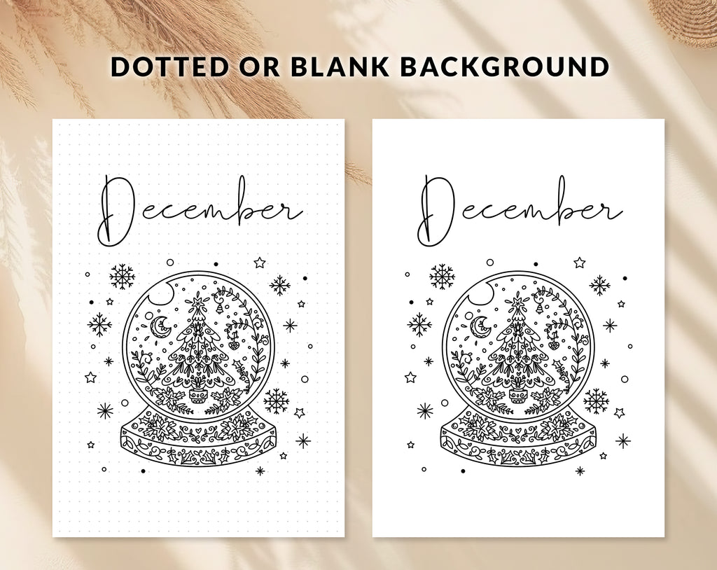 Bullet journal December cover title page, Bullet journal December calendar, December notes page, Printable journal December title page, Printable December Calendar with mandala snow globe with tree, December set, A4 and A5 printable template DIY