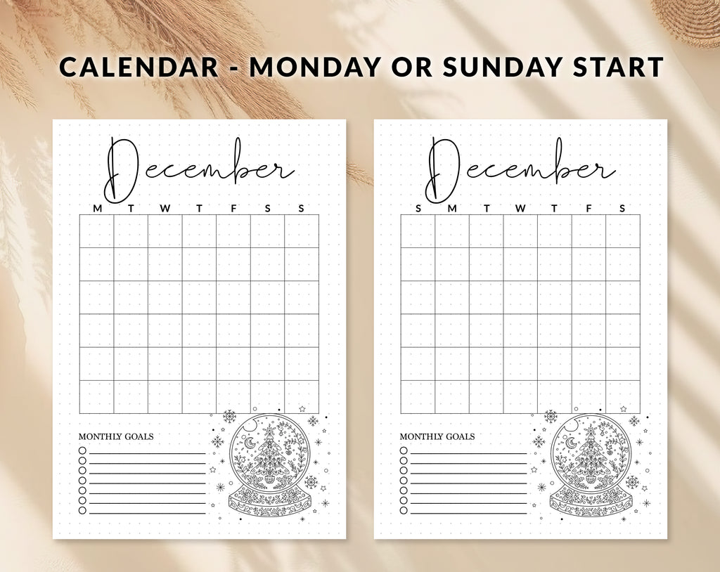 Bullet journal December cover title page, Bullet journal December calendar, December notes page, Printable journal December title page, Printable December Calendar with mandala snow globe with tree, December set, A4 and A5 printable template DIY