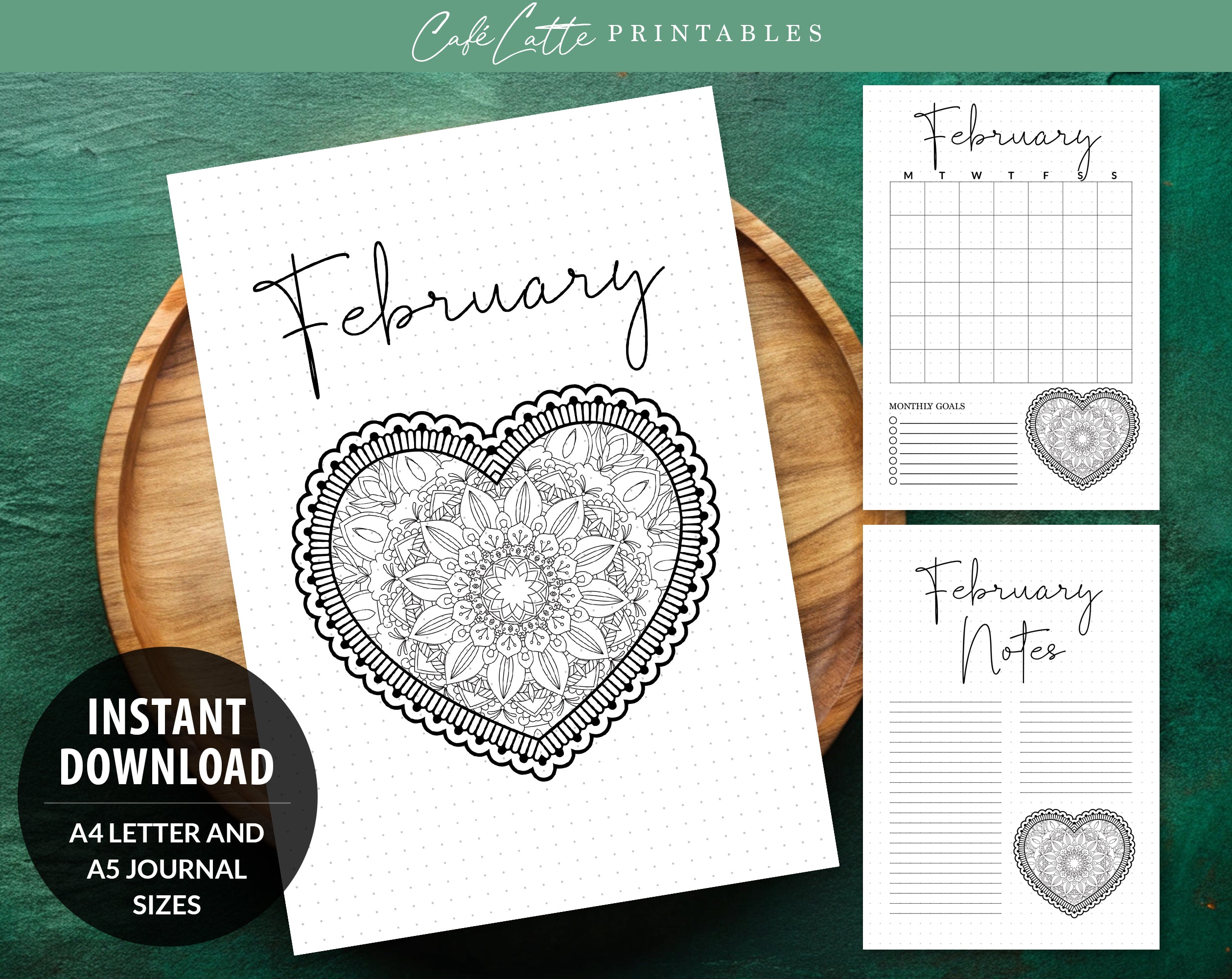 February Design Notebook Front February Journal Cover Calendar and Notes Pages Set – Café Latte Designs
