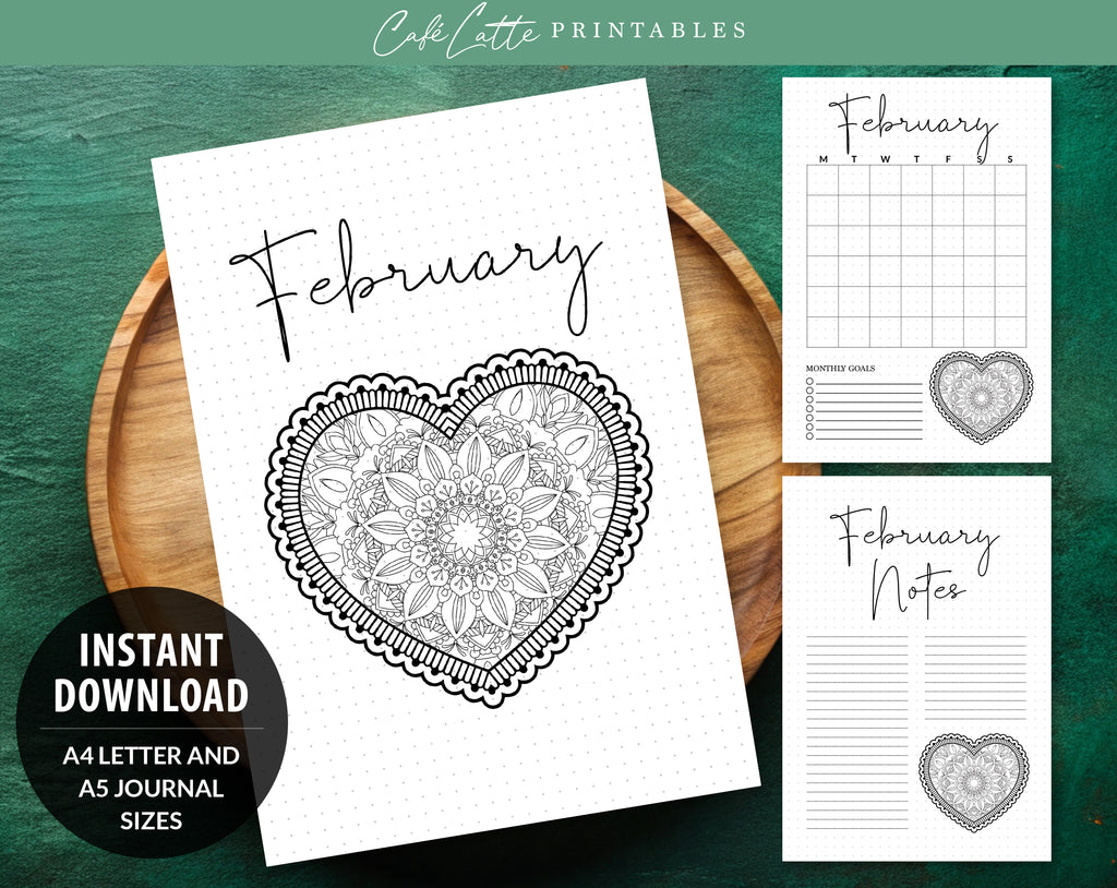 Bullet journal February cover title page, Bullet journal February calendar, February notes page, Printable journal February title page, Printable February Calendar with mandala snowflake, February set, A4 and A5 printable template DIY