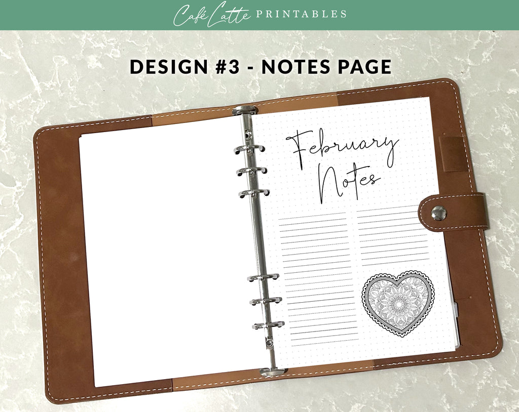February Month Note February Journal Cover Calendar and Notes Pages Set – Café Latte Designs
