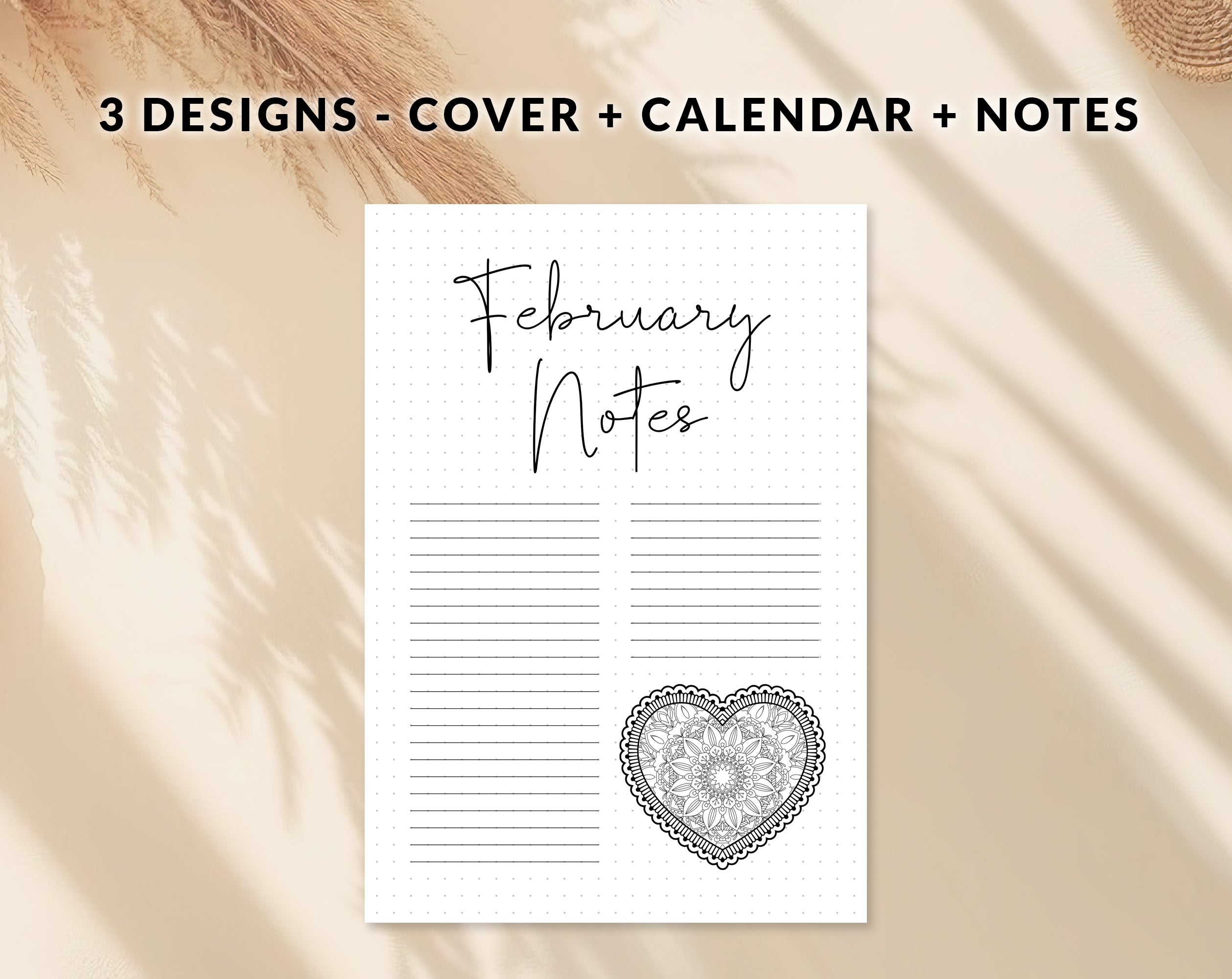 February Month Note February Journal Cover Calendar and Notes Pages Set – Café Latte Designs