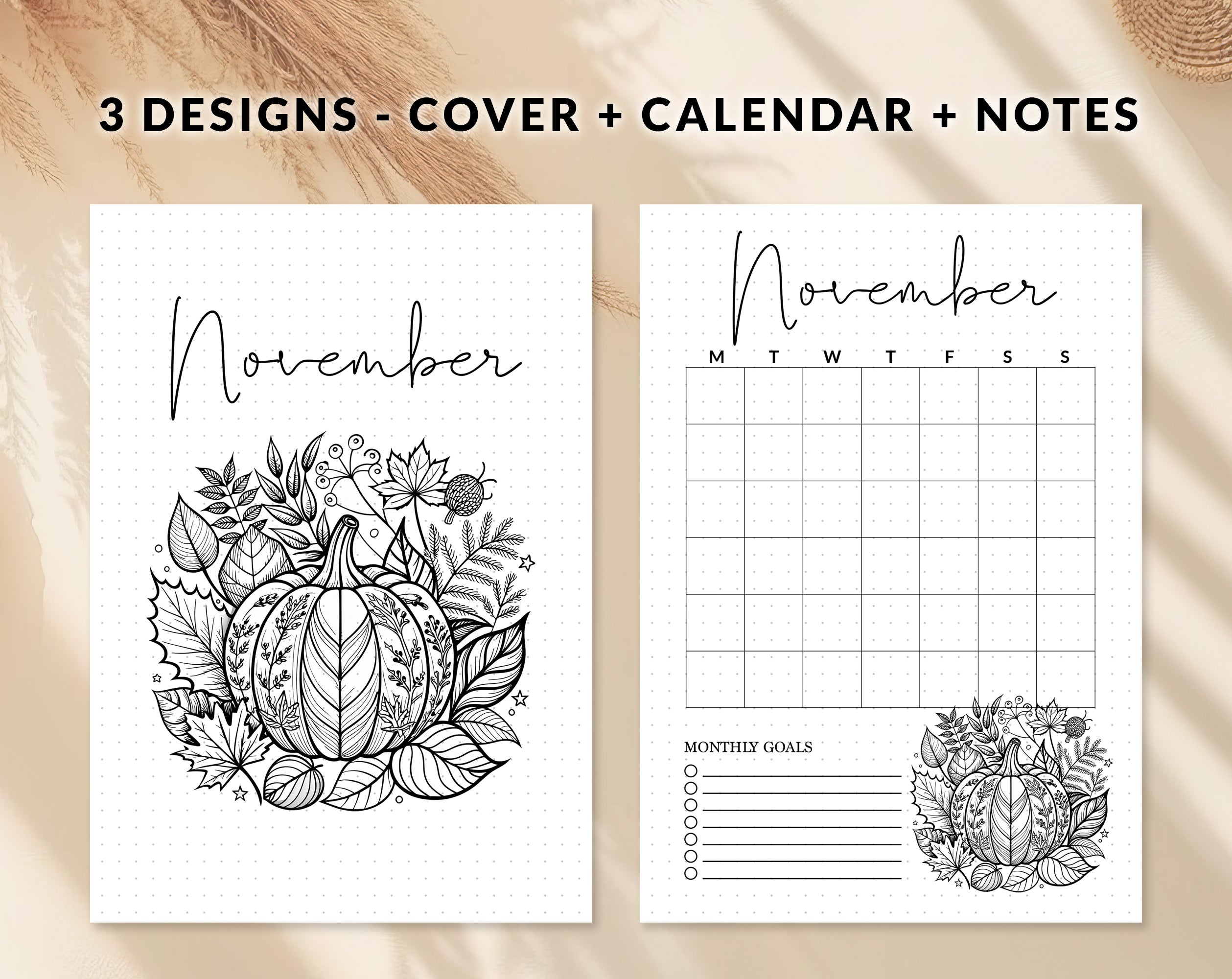 November Daily Notes November Journal Cover Calendar and Notes Pages Set – Café Latte Designs