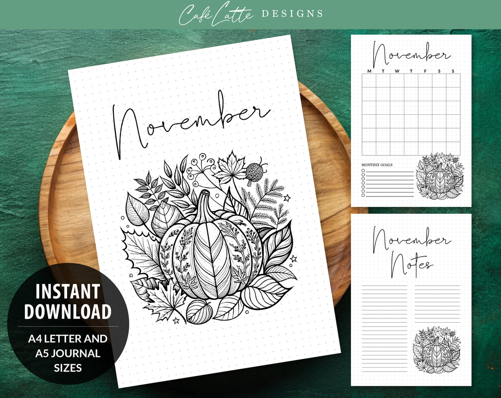 Bullet journal November cover title page, Bullet journal November calendar, November notes page, Printable journal November title page, Printable November Calendar with mandala pumpkin, November set, A4 and A5 printable template DIY