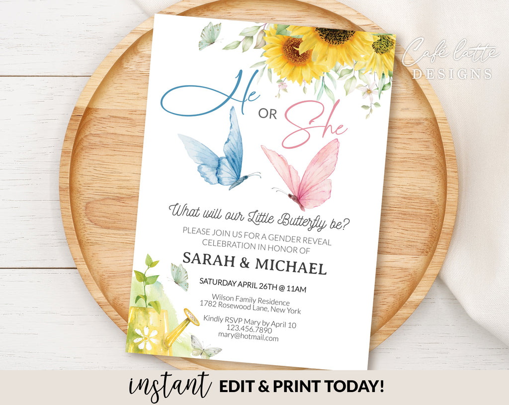 Butterfly summer gender reveal invitation, Little butterfly baby spring summer gender reveal invite editable template DIY, He or She, Boy or Girl, Pink and blue baby reveal for April May June July and August, printable invitation, email, text message spring summer butterflies invite with sunflowers