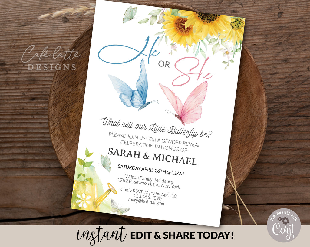 Butterfly summer gender reveal invitation, Little butterfly baby spring summer gender reveal invite editable template DIY, He or She, Boy or Girl, Pink and blue baby reveal for April May June July and August, printable invitation, email, text message spring summer butterflies invite with sunflowers