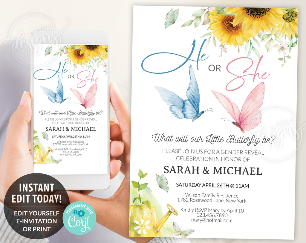Butterfly summer gender reveal invitation, Little butterfly baby spring summer gender reveal invite editable template DIY, He or She, Boy or Girl, Pink and blue baby reveal for April May June July and August, printable invitation, email, text message spring summer butterflies invite with sunflowers