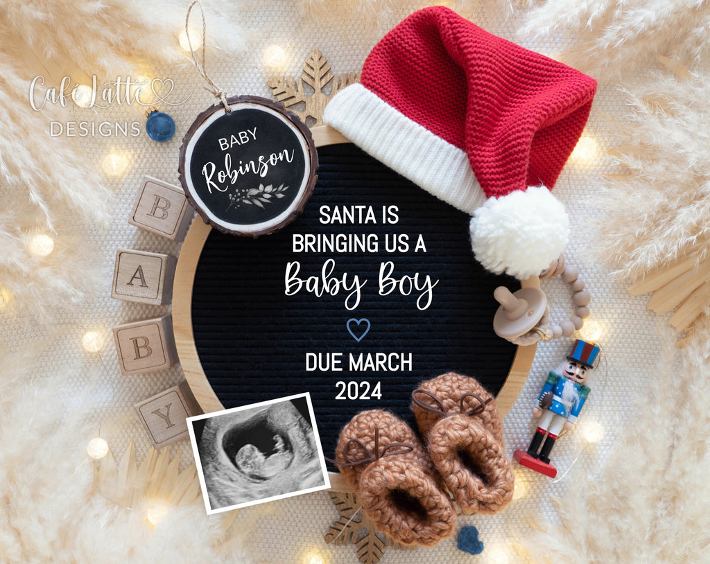 Christmas boy gender reveal for social media, Christmas boy baby pregnancy announcement digital image with circle letter board, Santa hat and nutcracker, Santa is bringing us a baby boy, December Winter boy baby editable template DIY