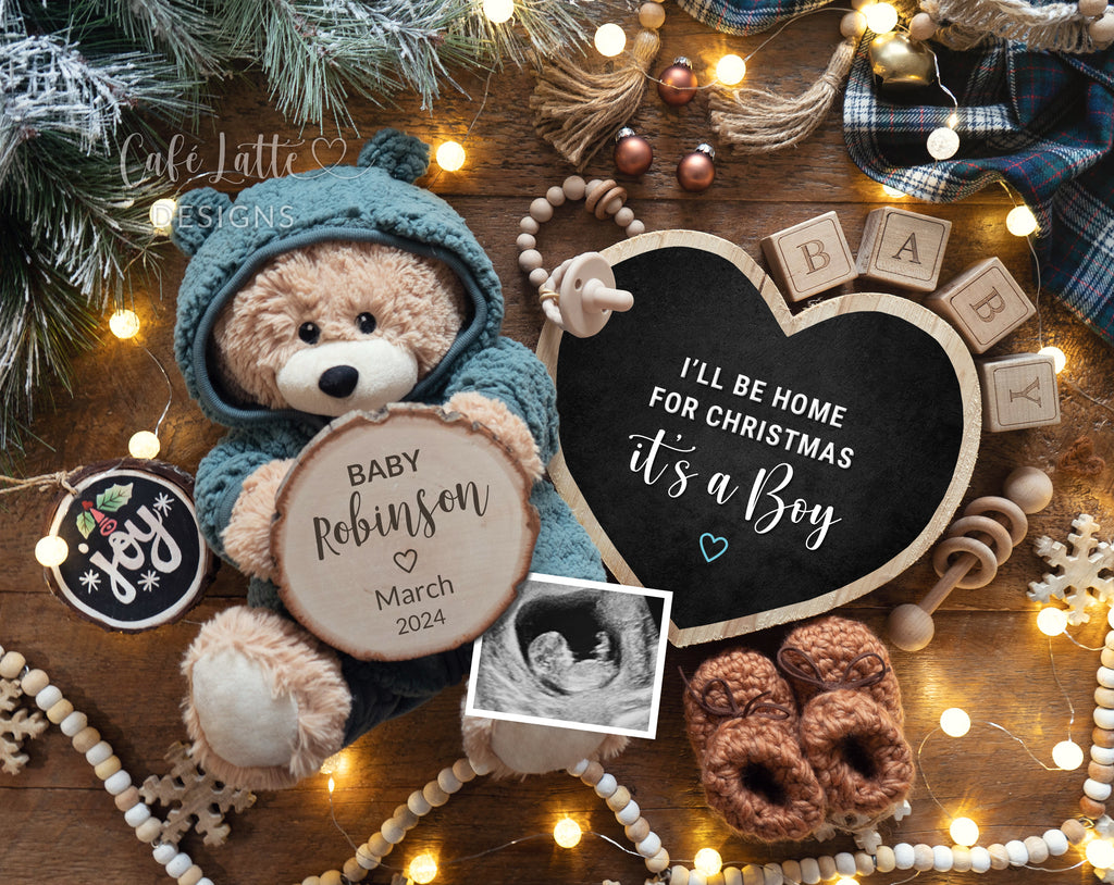 Christmas boy gender reveal for social media, Christmas boy baby pregnancy announcement digital image with teddy bear wearing blue outfit and heart chalkboard, Ill be home for Christmas its a boy, December winter baby boy digital announcement