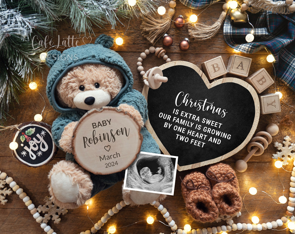 Christmas boy gender reveal for social media, Christmas boy baby pregnancy announcement digital image with teddy bear wearing blue outfit and heart chalkboard, Christmas is extra sweet our family is growing by one heart and two feet, its a boy, December winter baby boy digital announcement