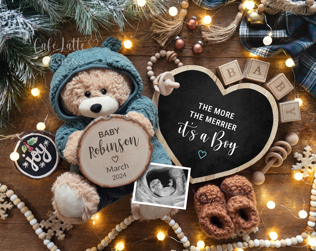 Christmas boy gender reveal for social media, Christmas boy baby pregnancy announcement digital image with teddy bear wearing blue outfit and heart chalkboard, The more the merrier, its a boy, December winter baby boy digital announcement