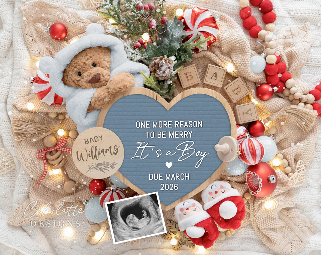 christmas boy pregnancy announcement, winter baby boy announcement, boy gender reveal baby announcement, editable pregnancy announcement, boho christmas baby reveal, holiday boy baby announcement, printable pregnancy reveal, digital baby announcement template, christmas baby announcement for social media, editable christmas baby reveal, boy christmas baby announcement, cozy winter baby reveal, digital corjl, one more reason to be merry its a boy, teddy bear blue hoody and heart
