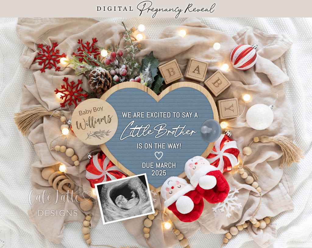 Christmas boy gender reveal pregnancy announcement digital for social media, Christmas baby boy announcement digital with blue heart letter board and Santa booties, Gender reveal winter pregnancy reveal editable template, Little brother on the way