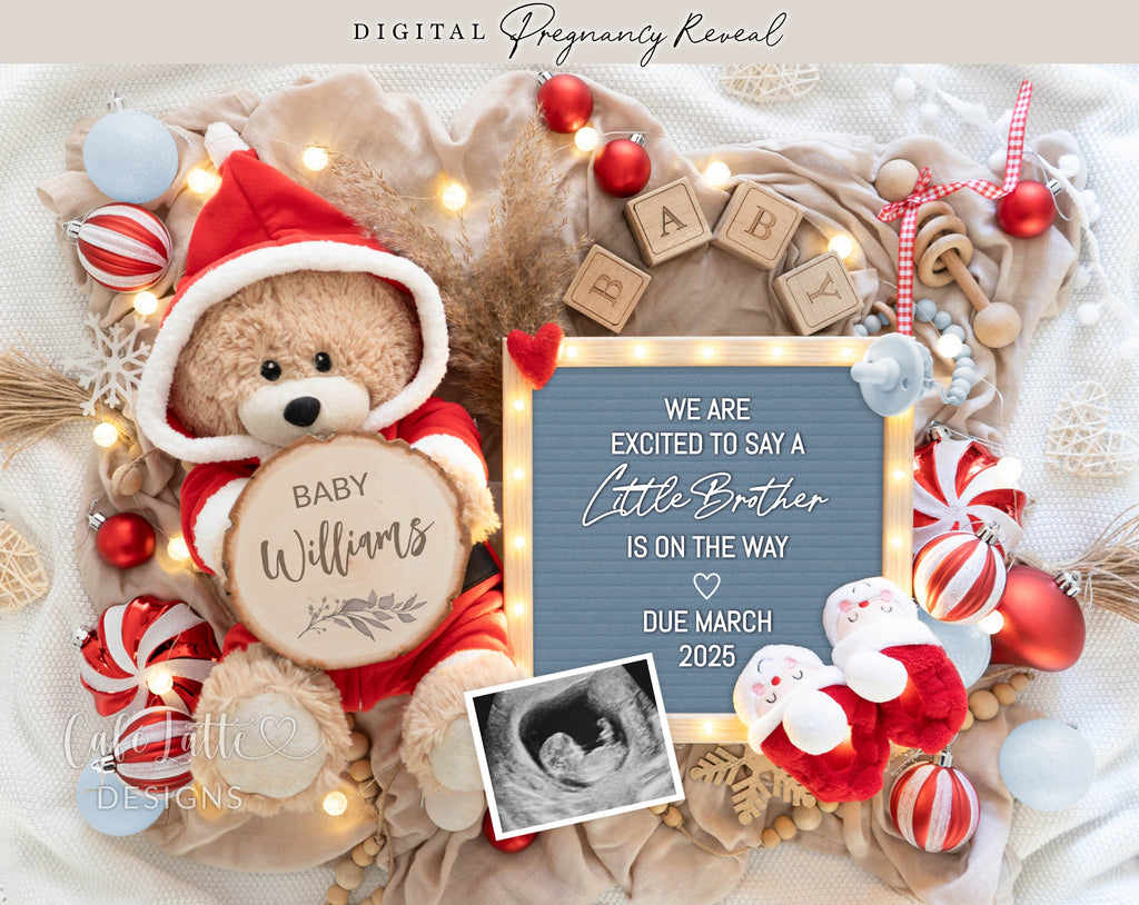 Christmas little brother girl gender reveal pregnancy announcement digital for social media, Christmas baby boy announcement digital with Santa teddy bear, Gender reveal winter pregnancy reveal editable template, Little brother on the way