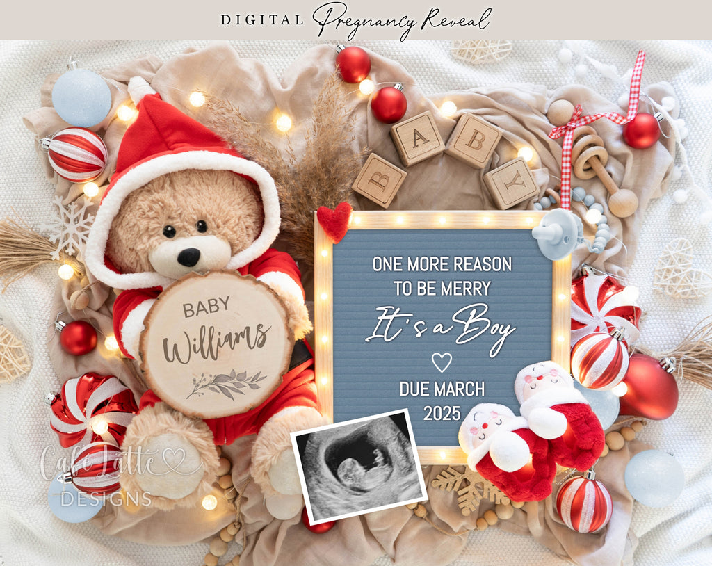 Christmas boy gender reveal pregnancy announcement digital for social media, Christmas baby boy announcement digital blue letter board and Santa teddy bear, Gender reveal winter pregnancy reveal editable template, One more reason to be merry