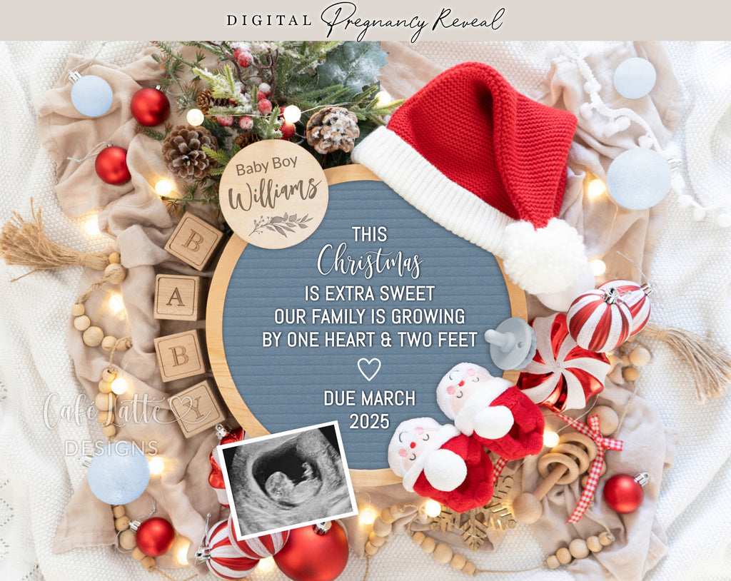 Christmas boy gender reveal pregnancy announcement digital for social media, Christmas baby boy announcement digital with blue circle letter board and Santa booties, Gender reveal winter pregnancy reveal editable template, One heart two feet