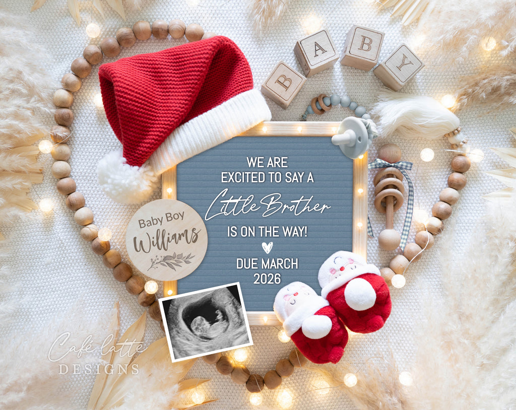 Christmas boy gender reveal pregnancy announcement digital for social media, Christmas baby boy announcement digital with blue letter board and Santa hat and Santa baby booties, Gender reveal winter pregnancy reveal editable template, Little brother on the way, Boy gender reveal instant download DIY