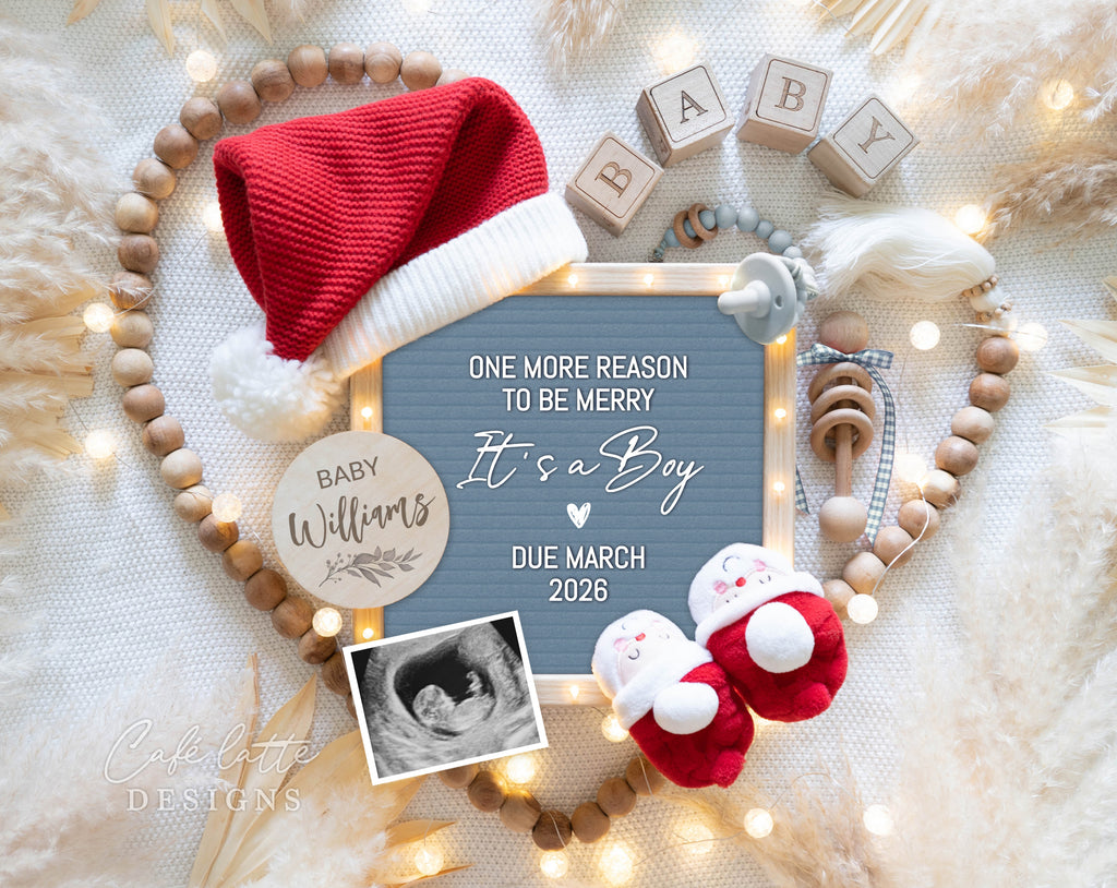 Christmas boy gender reveal pregnancy announcement digital for social media, Christmas baby boy announcement digital with blue letter board and Santa hat and Santa baby booties, Gender reveal winter pregnancy reveal editable template, One more reason to be merry its a boy gender reveal instant download