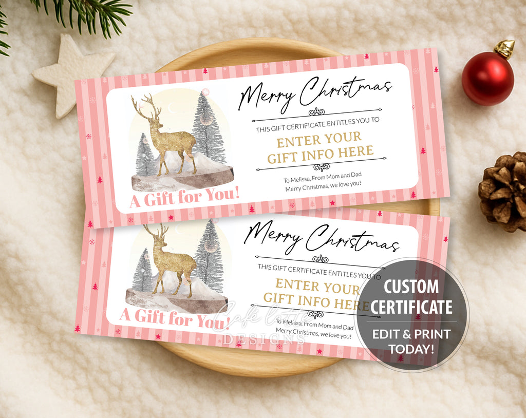Christmas gift certificate editable template, Christmas gift certificate printable, Merry Christmas pink stripes and gold deer gift card coupon for girls teens women her, Last minute classy chic woodland gift idea for kids, Instant original custom personalized gift idea DIY