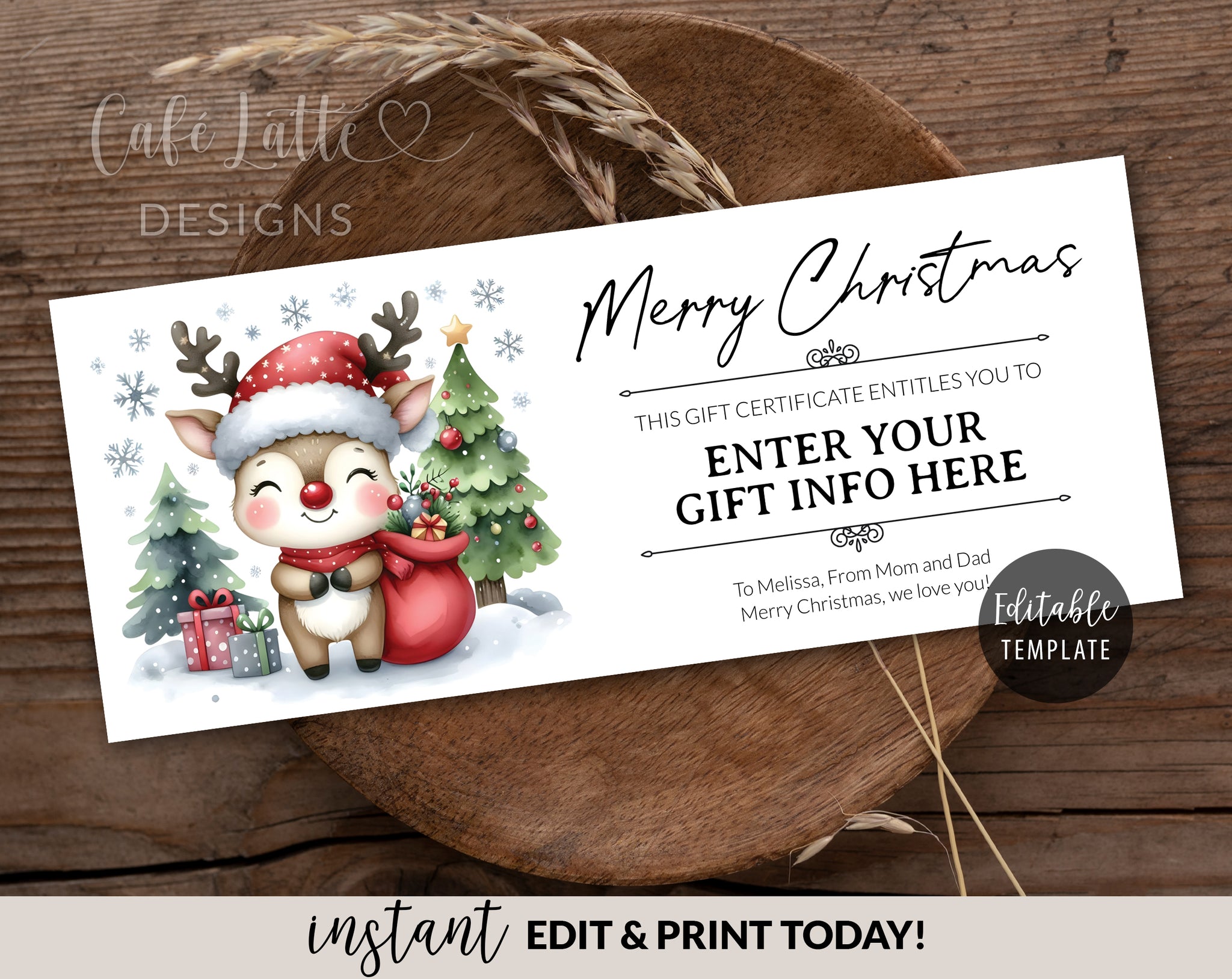 christmas gift certificate template printable - reindeer – café