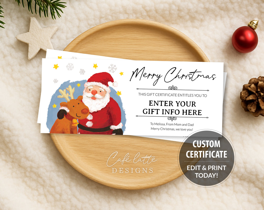 Christmas gift certificate editable template, Christmas gift certificate printable, Merry Christmas gift card coupon with Santa and reindeer painting, Last minute gift idea for kids teens women men, Christmas gift Instant download original funny unique custom personalized gift idea DIY