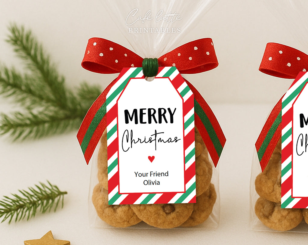 Christmas gift tags, Merry Christmas printable candy bag gift tags, Classic Christmas labels editable template gift tag DIY, Custom gift labels for Christmas candy bags, Kids teacher school gift tags with red green and white stripes, Cheap Christmas gift tags instant download, Christmas business company corporate gift tags, Christmas party thank you gift tags