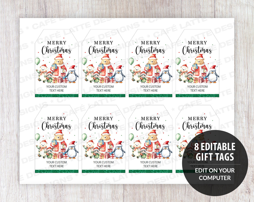 Christmas gift tags printable, Christmas gift tags editable template, Merry Christmas gift tags with Santa Claus bear gifts and penguin, Favor tags food gift labels for Christmas, DIY instant download print at home gift tags, Minimalist simple tags