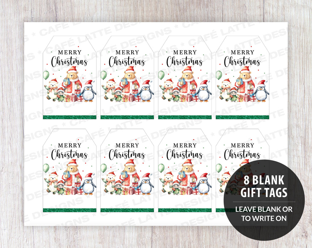 Christmas gift tags printable, Christmas gift tags editable template, Merry Christmas gift tags with Santa Claus bear gifts and penguin, Favor tags food gift labels for Christmas, DIY instant download print at home gift tags, Minimalist simple tags
