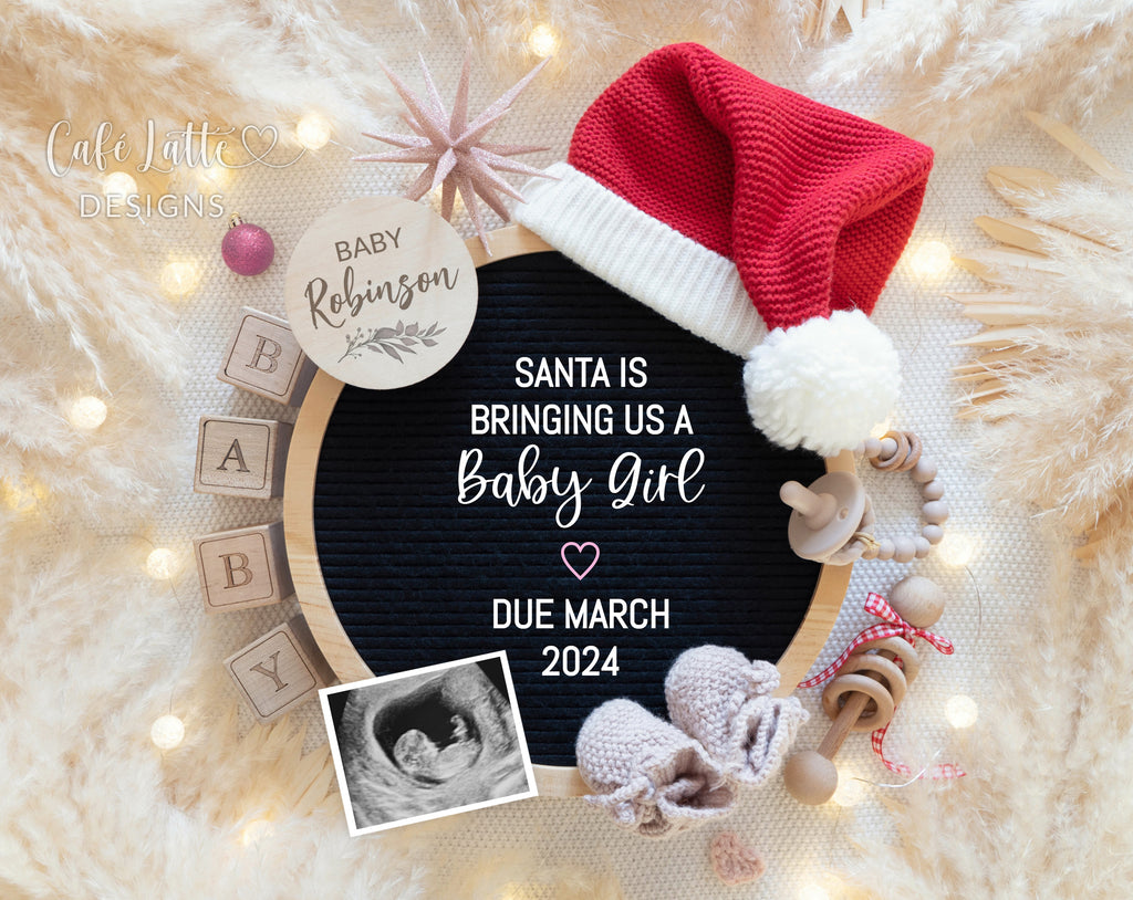 Christmas girl gender reveal for social media, Christmas girl baby pregnancy announcement digital image with Santa hat, circle letter board and pampas, Santa is bringing us a baby girl, December winter girl gender reveal editable template DIY