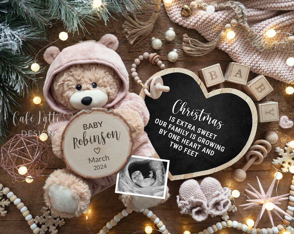 Christmas girl gender reveal for social media, Christmas girl baby pregnancy announcement digital image with teddy bear in pink outfit, heart chalkboard and pink Christmas decor, Christmas is extra sweet our family is growing by one heart and two feet, its a girl, December winter girl reveal