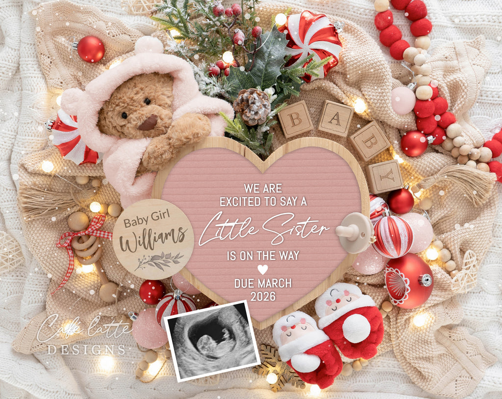 christmas girl pregnancy announcement, winter baby girl announcement, girl gender reveal baby announcement, editable pregnancy announcement, boho christmas baby reveal, holiday girl baby announcement, printable pregnancy reveal, digital baby announcement template, christmas baby announcement for social media, editable christmas baby reveal, girl christmas baby announcement, cozy winter baby reveal, digital corjl, we are excited to say a little sister is on the way, teddy bear pink hoody heart