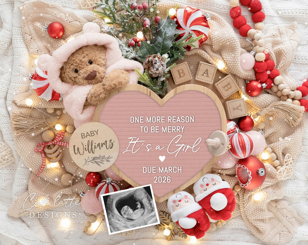 christmas girl pregnancy announcement, winter baby girl announcement, girl gender reveal baby announcement, editable pregnancy announcement, boho christmas baby reveal, holiday girl baby announcement, printable pregnancy reveal, digital baby announcement template, christmas baby announcement for social media, editable christmas baby reveal, girl christmas baby announcement, cozy winter baby reveal, digital corjl, one more reason to be merry its a girl, teddy bear pink hoody and heart