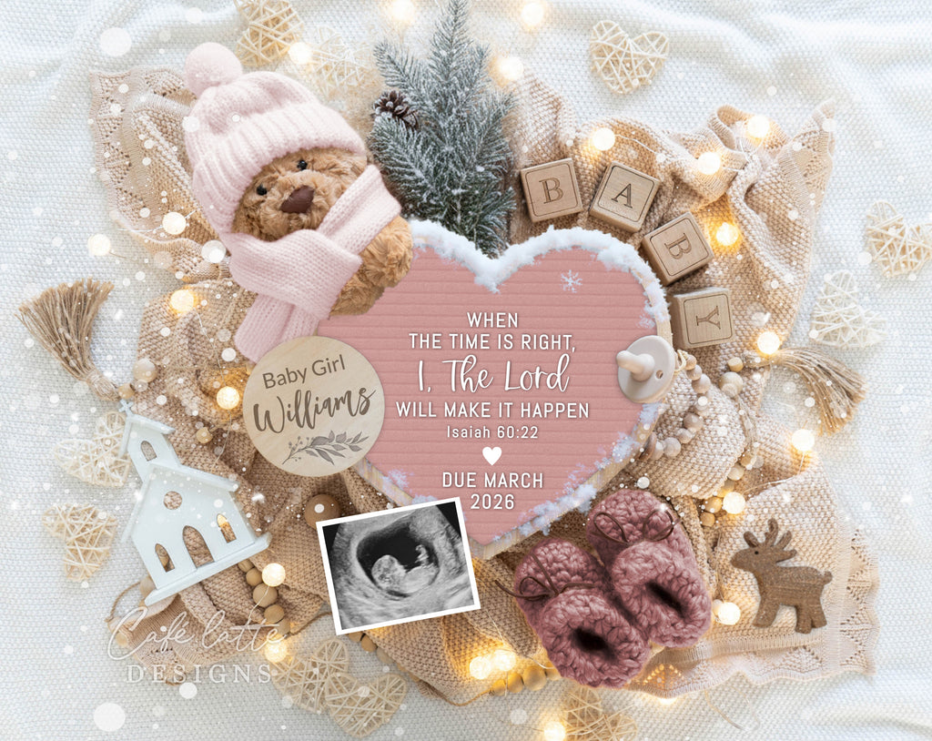 Christmas girl pregnancy announcement, holiday girl pregnancy reveal, boho pregnancy announcement, girl gender reveal pregnancy announcement, editable pregnancy template, printable baby announcement, social media pregnancy reveal, digital download, Corjl template, Isaiah 60:22, Christian pregnancy announcement, Christmas religious baby girl reveal, rustic boho decor, winter pregnancy announcement, when the time is right I the Lord will make it happen