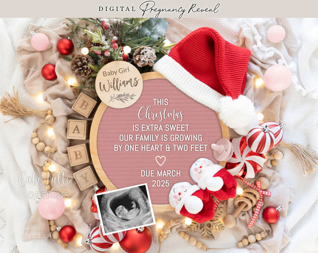 Christmas girl gender reveal pregnancy announcement digital for social media, Christmas baby girl announcement digital with pink heart letter board and Santa booties, Gender reveal winter pregnancy reveal editable template, One heart two feet