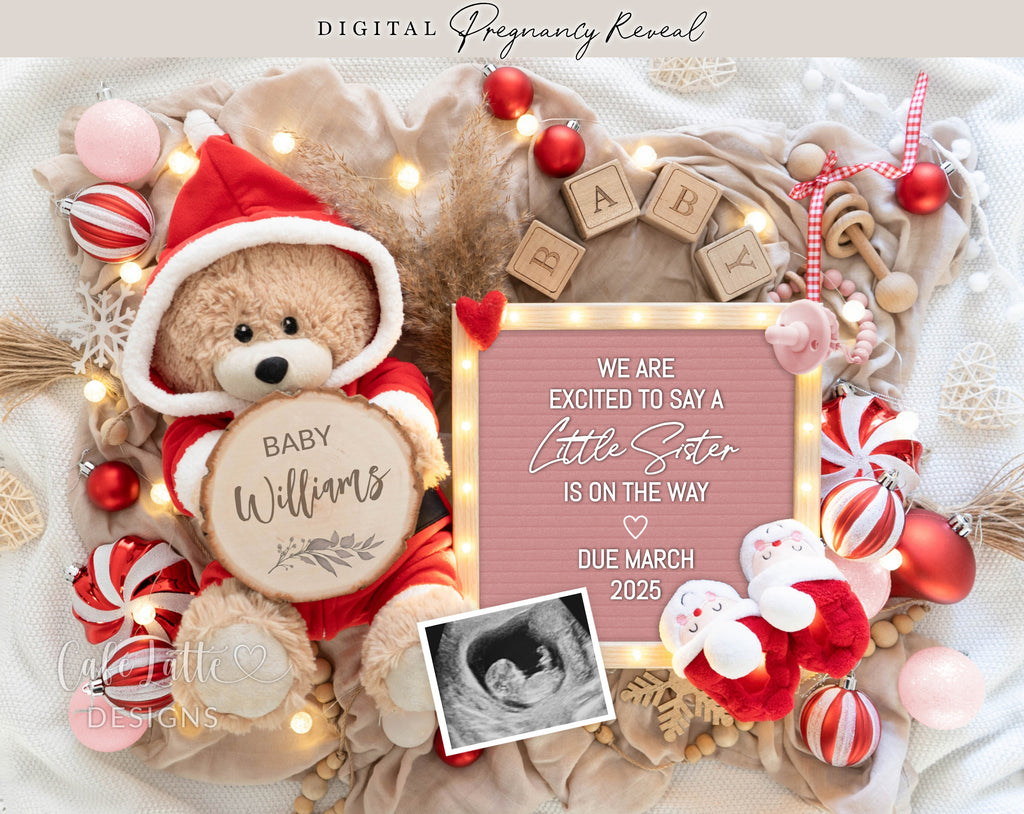 Christmas little sister girl gender reveal pregnancy announcement digital for social media, Christmas baby girl announcement digital with Santa teddy bear, Gender reveal winter pregnancy reveal editable template, Little sister on the way
