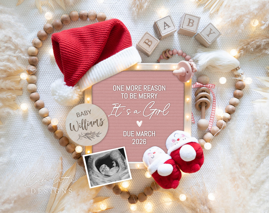 Christmas girl gender reveal pregnancy announcement digital for social media, Christmas baby girl announcement digital with pink letter board and Santa hat and Santa baby booties, Gender reveal winter pregnancy reveal editable template, One more reason to be merry its a girl gender reveal instant download