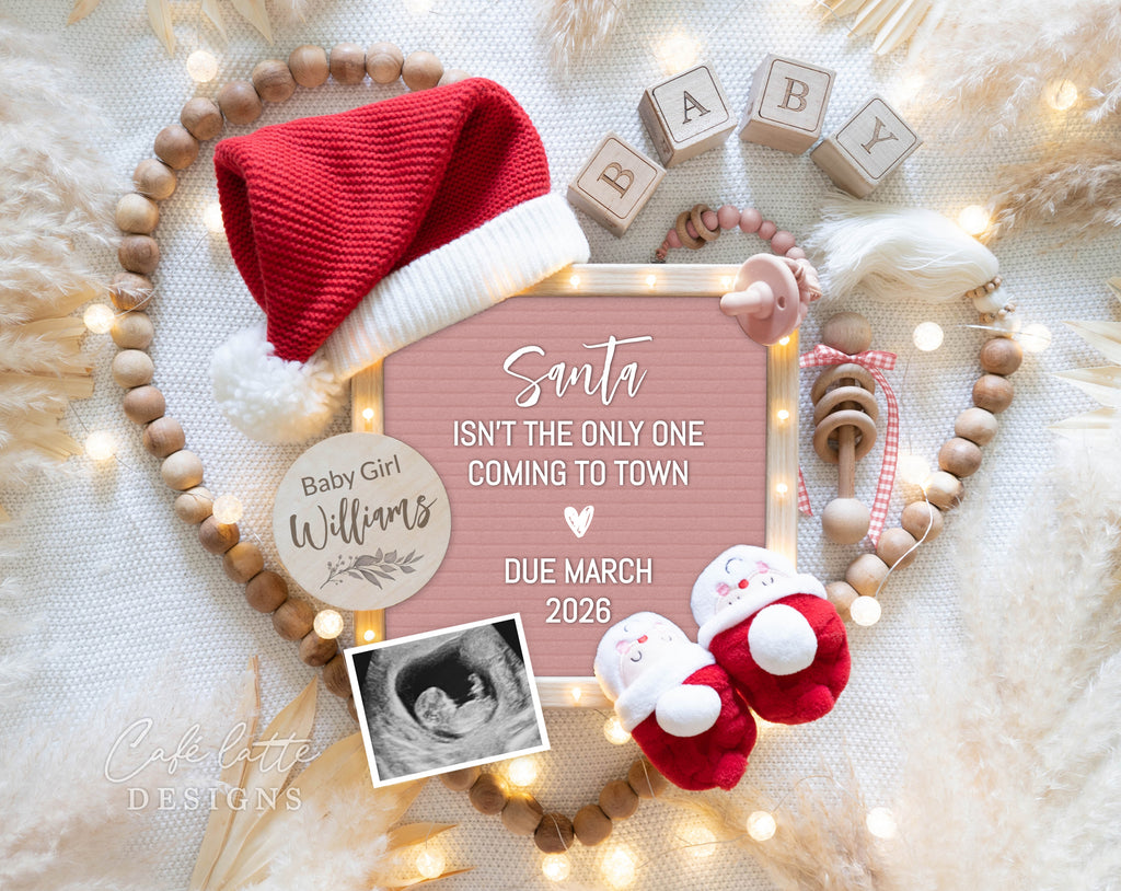 Christmas girl gender reveal pregnancy announcement digital for social media, Christmas baby girl announcement digital with pink letter board and Santa hat and Santa baby booties, Gender reveal winter pregnancy reveal editable template, Santa is not the only one coming to town girl gender reveal instant download
