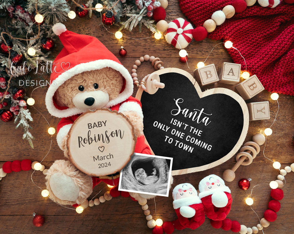 Christmas pregnancy announcement digital reveal for social media, Christmas baby announcement digital image with Santa Claus teddy bear, Santa baby bootes and heart chalkboard, Santa is not the only one coming to town, Winter December neutral baby