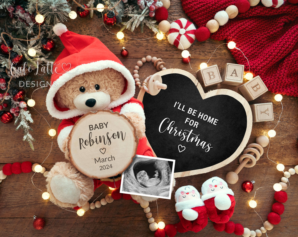 Christmas pregnancy announcement digital reveal for social media, Christmas baby announcement digital image with Santa Claus teddy bear, Santa baby bootes and heart chalkboard, Ill be home for Christmas, Winter December neutral baby
