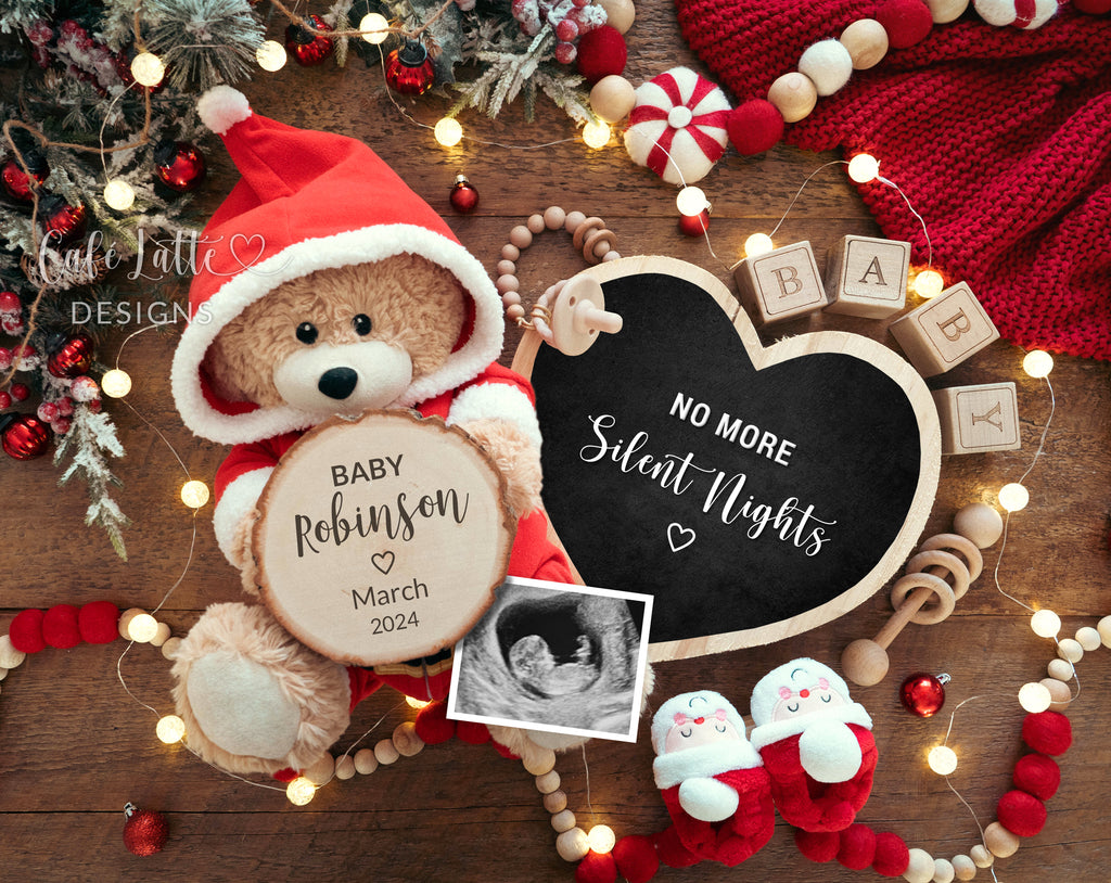 Christmas pregnancy announcement digital reveal for social media, Christmas baby announcement digital image with Santa Claus teddy bear, Santa baby bootes and heart chalkboard, No more silent nights, Winter December neutral baby