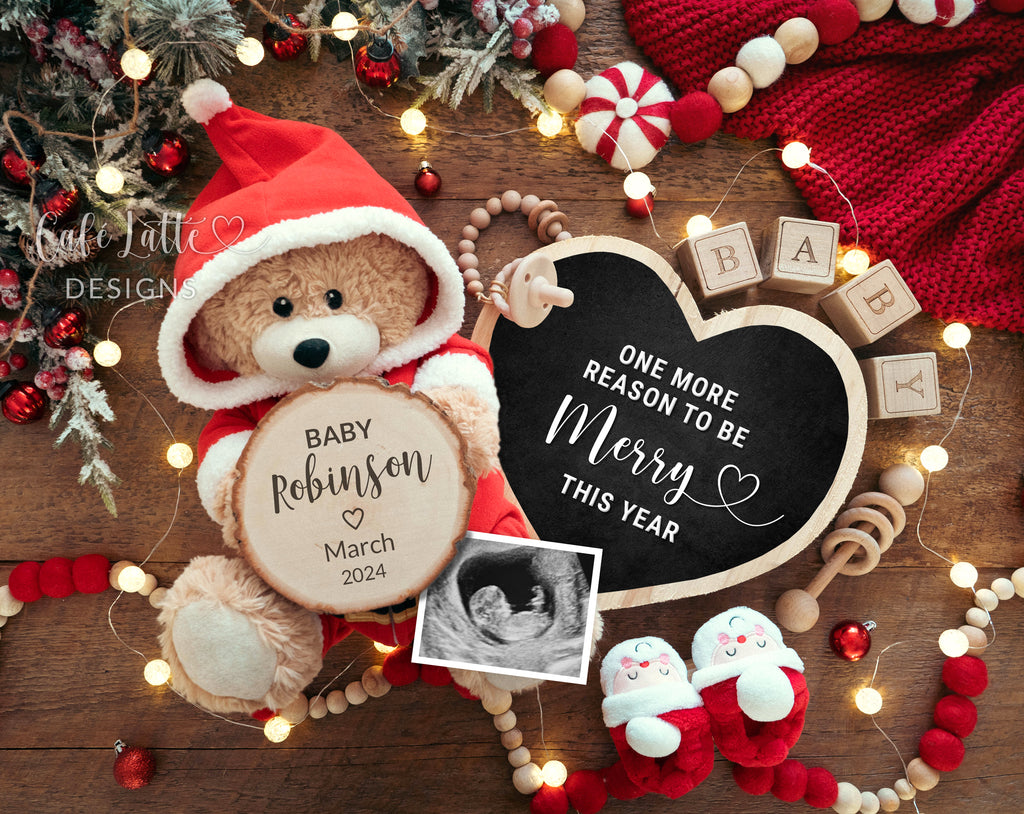 Christmas pregnancy announcement digital reveal for social media, Christmas baby announcement digital image with Santa Claus teddy bear, Santa baby bootes and heart chalkboard, One more reason to be merry this year, Winter December neutral baby