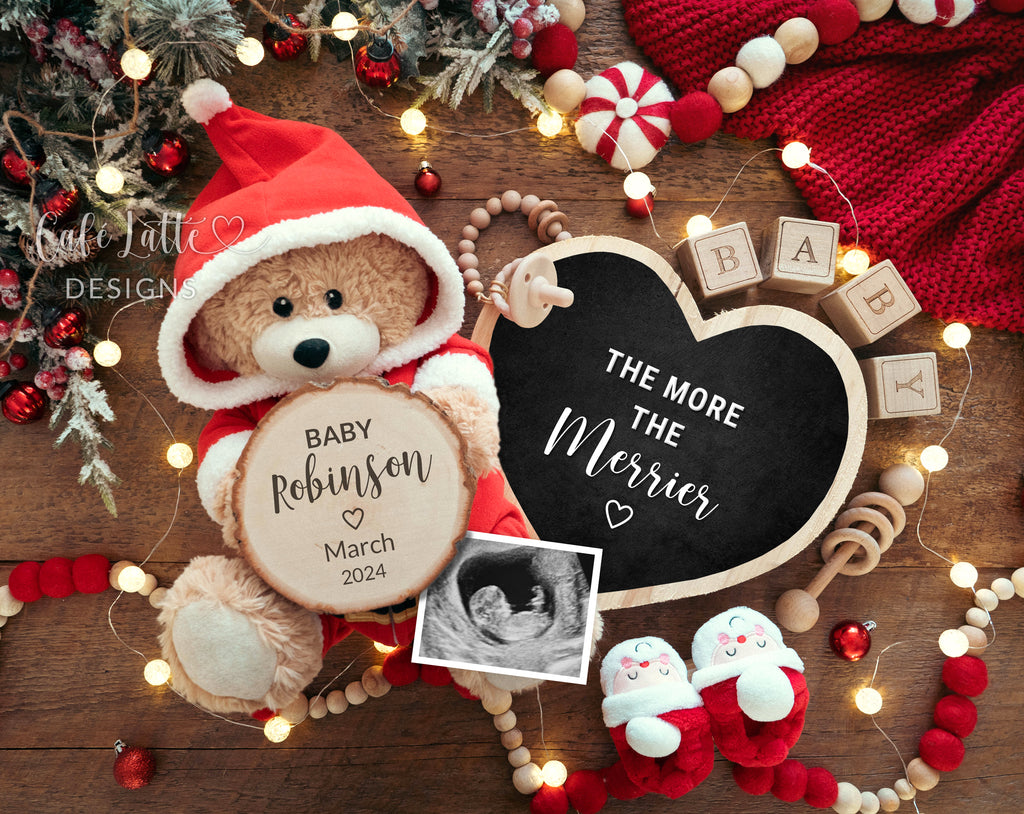 Christmas pregnancy announcement digital reveal for social media, Christmas baby announcement digital image with Santa Claus teddy bear, Santa baby bootes and heart chalkboard, The more the merrier, Winter December neutral baby