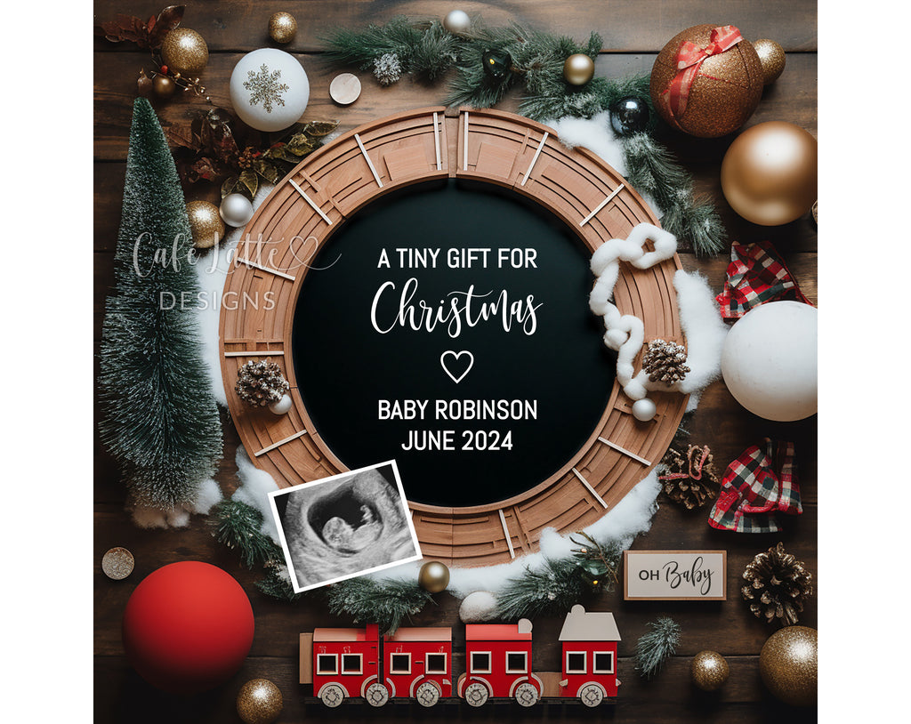 Christmas baby announcement digital reveal for social media, Christmas pregnancy announcement digital image with red train and train track, A tiny gift for Christmas, Gender neutral editable template DIY, December winter baby reveal idea