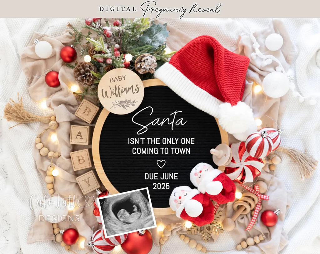 Christmas pregnancy announcement digital reveal for social media, Christmas baby announcement digital image with Santa hat and Santa baby booties, Santa isnt the only one coming to town