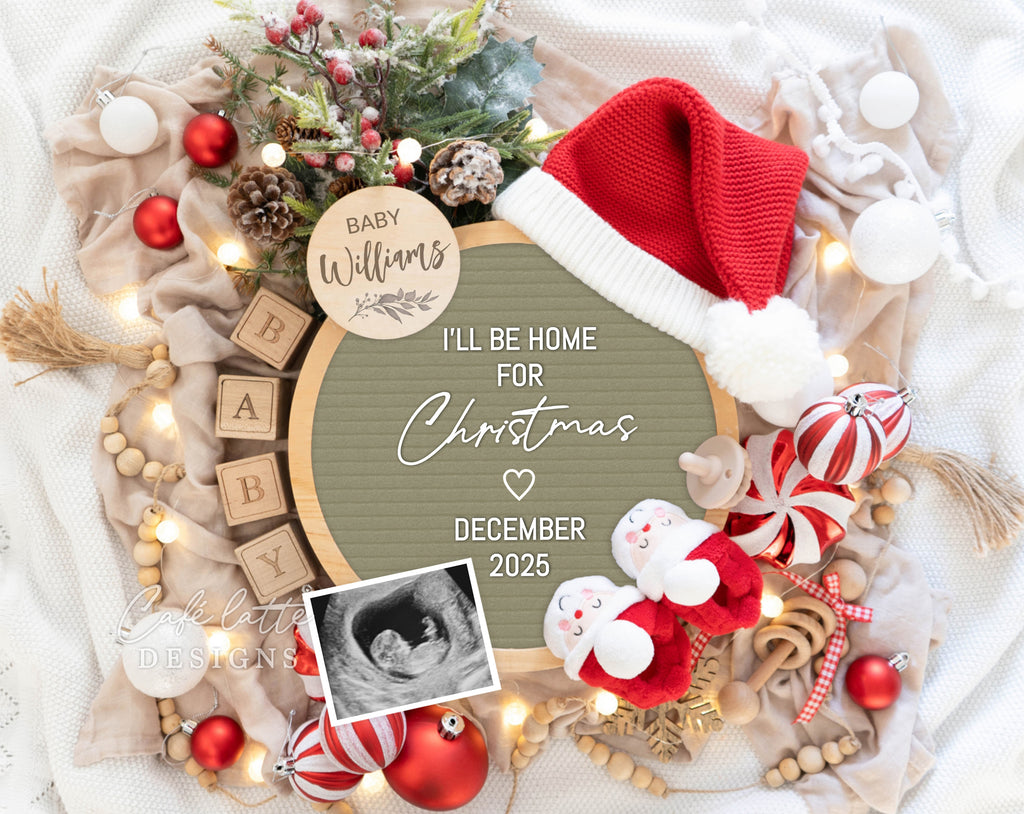 Christmas pregnancy announcement digital reveal for social media, Christmas baby announcement digital image with Santa hat and sage green letter board, Santa baby booties, pampas and circle letter board, Ill be home for Christmas, Gender neutral boho editable template DIY, Christmas pregnancy reveal instant download, December winter baby announcement ideas, Boho Christmas pregnancy announcement