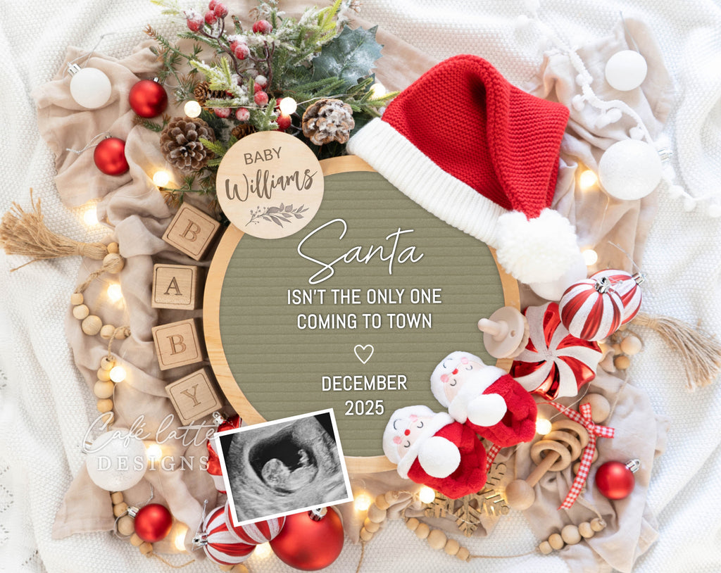 Christmas pregnancy announcement digital reveal for social media, Christmas baby announcement digital image with Santa hat and sage green letter board, Santa baby booties, pampas and circle letter board, Santa isnt the only one coming to town, Gender neutral boho editable template DIY, Christmas pregnancy reveal instant download, December winter baby announcement ideas, Boho Christmas pregnancy announcement